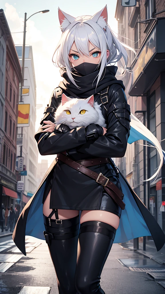 work of art, best qualityer, high resolution, 1 girl, synonym 1, scarf, mitts, ninja mask, long sleeves, leather pants, White hair, white cat ears, white cat handle, roupas de rogue, thigh strap, holding, holding faca, ruins, heterochromia, yellow eye, blue eye, hooded cloak, rogue, ninja, 