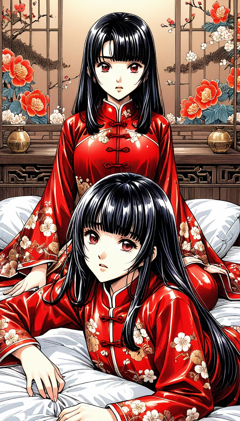 A tragic historical drama in 8k live-action style: Beautiful palace secrets Beautiful 10 year old Chinese Kung Fu girl with long black hair has very rough unwanted sex with old man emperor Gorgeous embroidery, Ultra glossy, She is wearing a shiny red top and bottom long sleeve floral pajama kung fu suit.... She was laid down on a floral futon、When the penis is inserted, she cries and resists.。. She spreads her legs wide and poops from her anus、Filth、A large amount of poop drips out