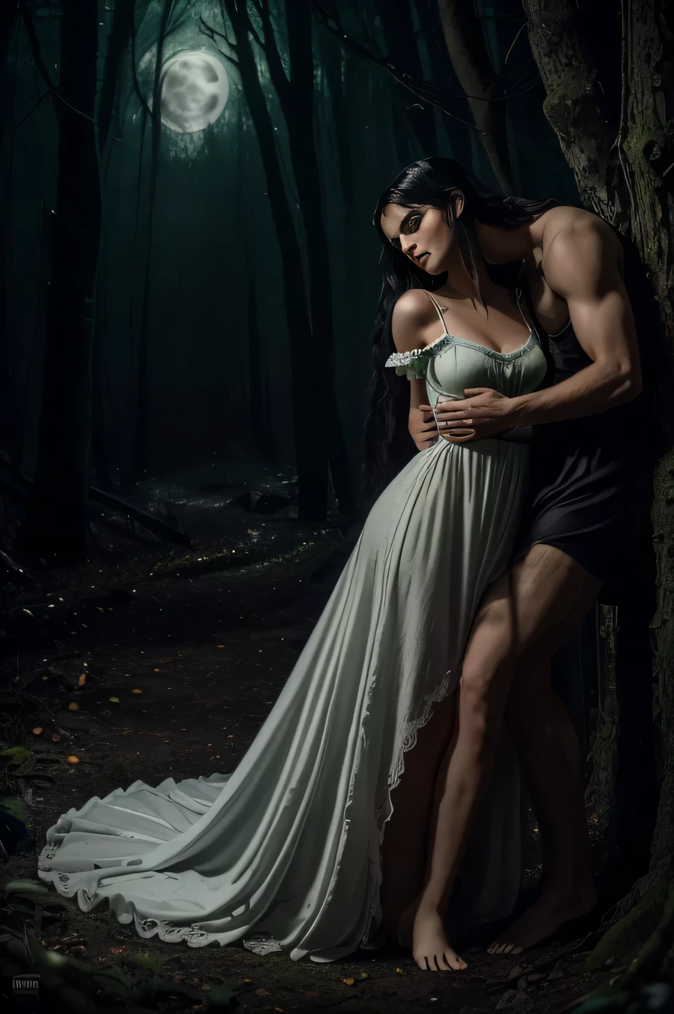 ((best quality)), ((masterpiece)), (detailed), ((1girl, nightgown, beautiful, white woman, green eyes, black hair full body)) extremely high quality face, 1werewolf beast holding the woman, dark forest full moon amazing quality dark atmosphere magical aura paranormal, werewolf arm around womans torso clawing at womans bodice, drama, action pose, woman struggling against werewolf
