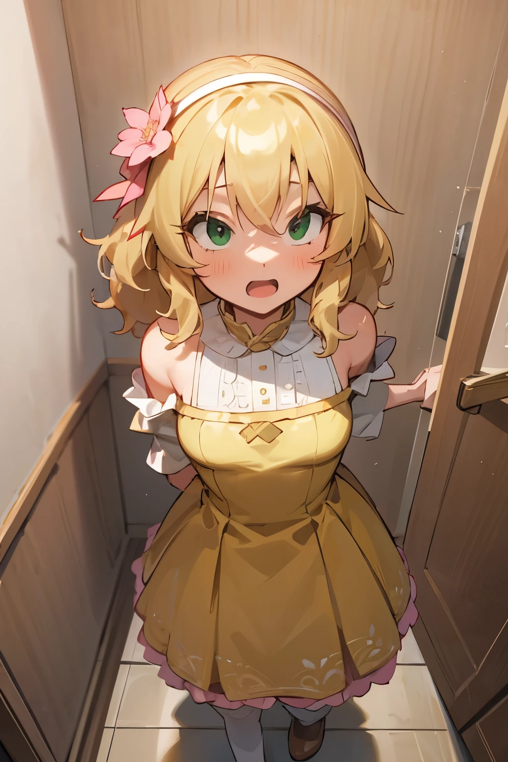 masterpiece,best quality, ultra-detailed,1girl(sakurai momoka, lovely small breasts, wavy hair,blonde hair, headband, pink flower in hair,green eyes), a surprised face, open  mouth, facing viewer , looking at viewer, solo, gold dress(ornate dress), bare shoulders, frill, bows, white panties, white lace thighhighs, in the locker room,wall, kabedon  pov, kabedon  against  wall, standing, top view 