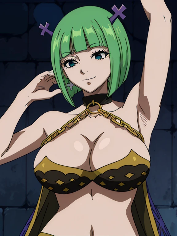 Best quality, masterpiece, ultra high res, 1girl, sexy, in the dark, deep shadow, low key, cold light, milf, green short hair, dynamic light, cinematic lighting, cinematic lighting, down blouse, mature woman, middle parted hair, bikini, gold chain,natural breast, upper body, milf, brandish, simple smile, armpits visible, detailed armpits, sweaty armpits