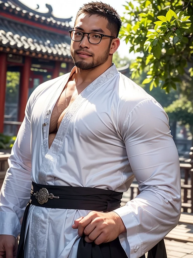 An award-winning original photo，a handsome 38-year-old man, crew cut, (((full body))), (((landscape))), mature man, [slightly fat], asian man, brown eyes, rounded face, glasses, slightly balding, 1boy, Solo, (big shoulders), (((stubbles, Short beard))), (((full beard))), (Beautiful eyes:1.3), (Detailed face:1.3), wearing glasses, Dynamic Angle, volumetric lighting, (Best quality, A high resolution, Photorealistic), Cinematic lighting, Masterpiece, RAW photo, Intricate details, (extremely detailed 8k wallpaper), masterpiece 16k photo, (best quality)), Handsome guy, 25 years old, Asian, master work, best picture quality, higher quality, high detail, super high resolution, 8k resolution, perfect eyes, perfect skin, perfect hands, big muscles, tattoos, glowing eyes, short hair, hair details, detailed background , open Hanfu transparent tulle jacket, ((white clothes with silver decoration)), Chinese garden background, Chinese kung fu, dragon-themed costumes, monk robes, spinning floating particles, chinese temple in background, looking at viewer