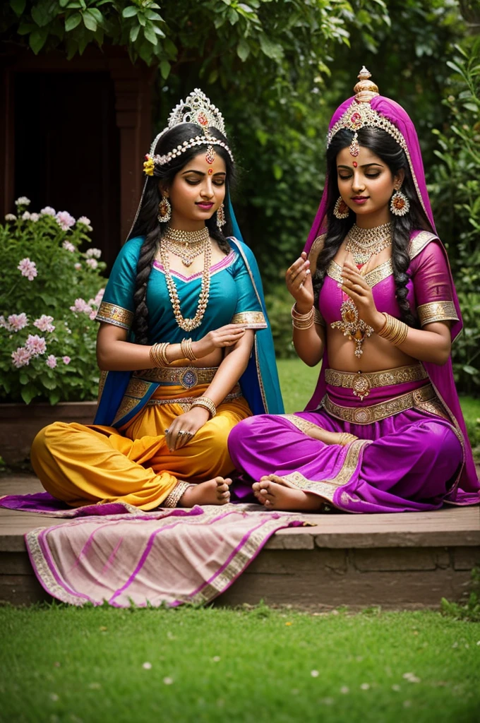 Hindu lord Radha and Krishna sitting in the garden there is so many beautiful flowers
