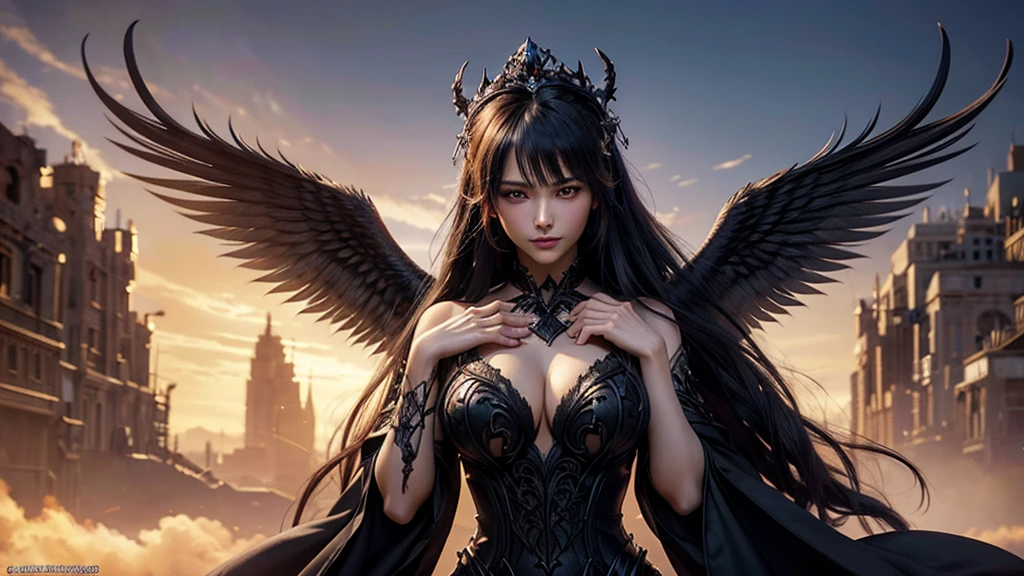 Close-up of a woman, Black robe, 2. 5D CGI anime fantasy artwork, Large Breasts，Epic fantasy digital art style, detailed Digital 2D fantasy art, Digital 2D fantasy art, original photo, (best quality:1.3), high resolution, (masterpiece), (lifelike:1.4), Professional photography, Clear focus, High Dynamic Range, 8k resolution, Intricate details, Fine details, Depth of Field, Extremely detailed CG unified 8k wallpaper, masterpiece，poster，best quality，Official Art，（Beauty and aesthetics：1.2），（masterpiece：1.3），Miss，personal，complex pattern，City ruins，Medium distance photography，（early morning），dramatic，Black feather wings，