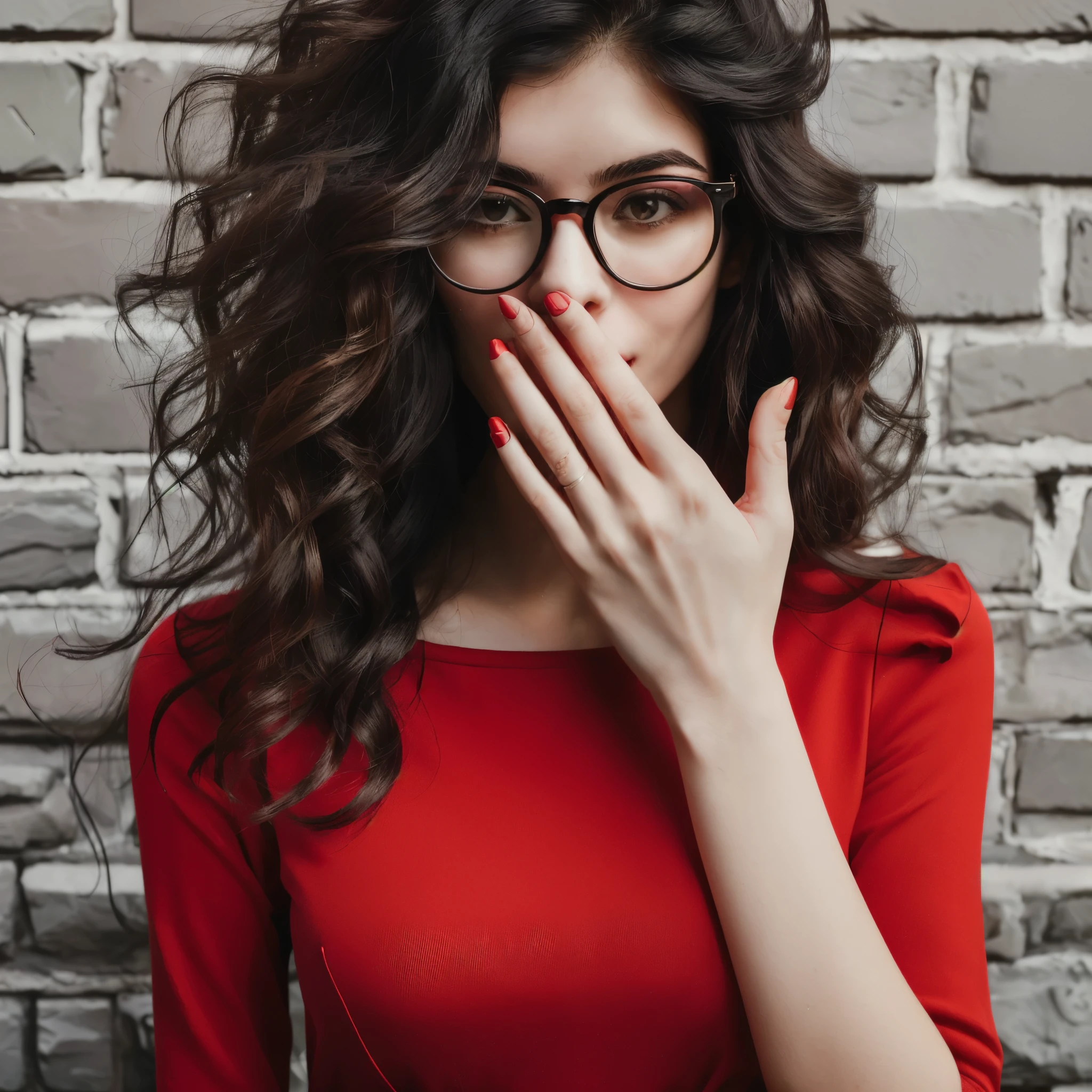 arafed woman with glasses covering her face with her hands, girl with glasses, wavy long black hair and glasses, girl wearing round glasses, dominating red color, fine details. red, with glasses, glasses without frames, red clothes, wearing red clothes, girl wears a red dress, only with red, thick - rimmed glasses, hand over mouth, cute woman