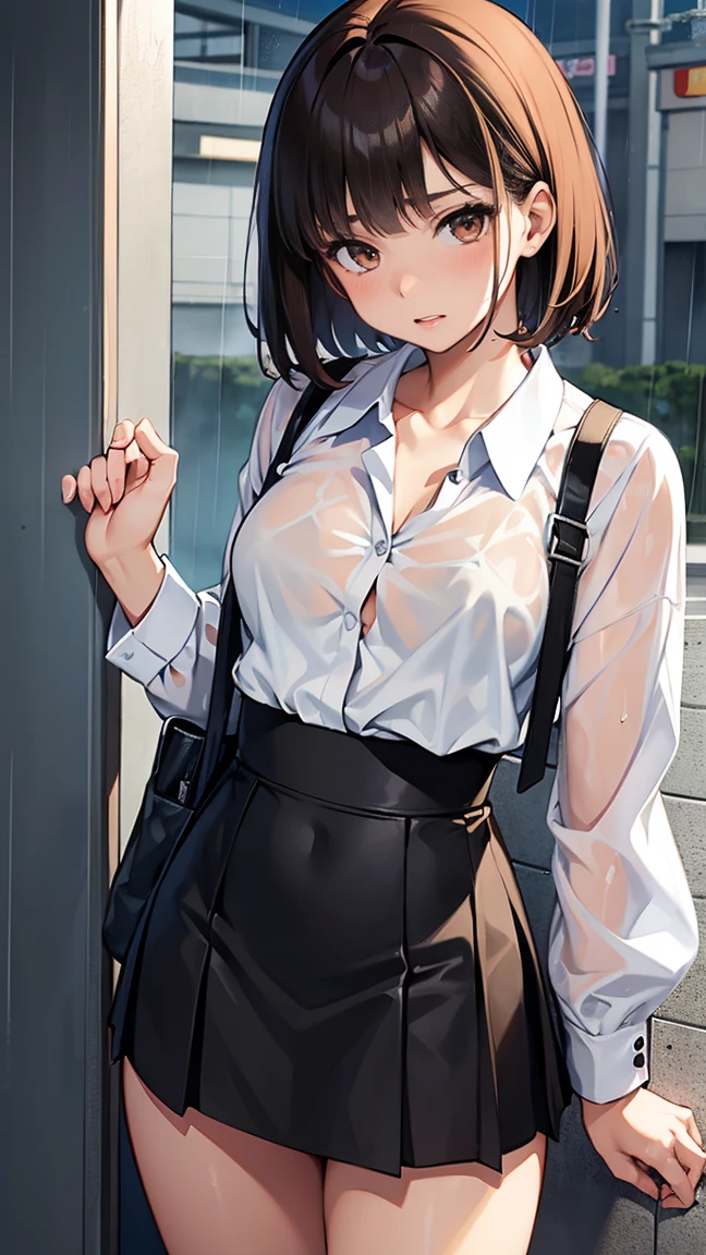 (One woman), short bob, 18 years old, Japanese, brown eyes, brown hair, slim figure, flat chest, high school girl, school summer uniform Blake's expression and background Her whole body got wet in the sudden rain, and her blouse was transparent, revealing her black bra and the straps of her bra.