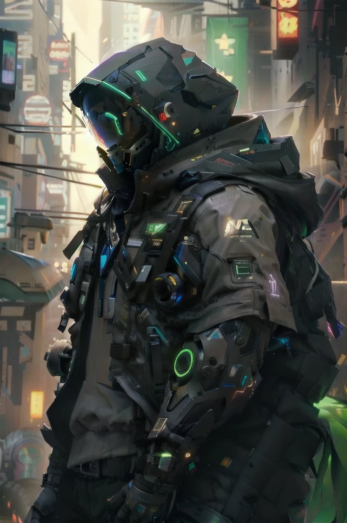 The markings on the jacket turn into neon blue triangles., adds a realistic daftpunk style cyber helmet but more rude and intimidating