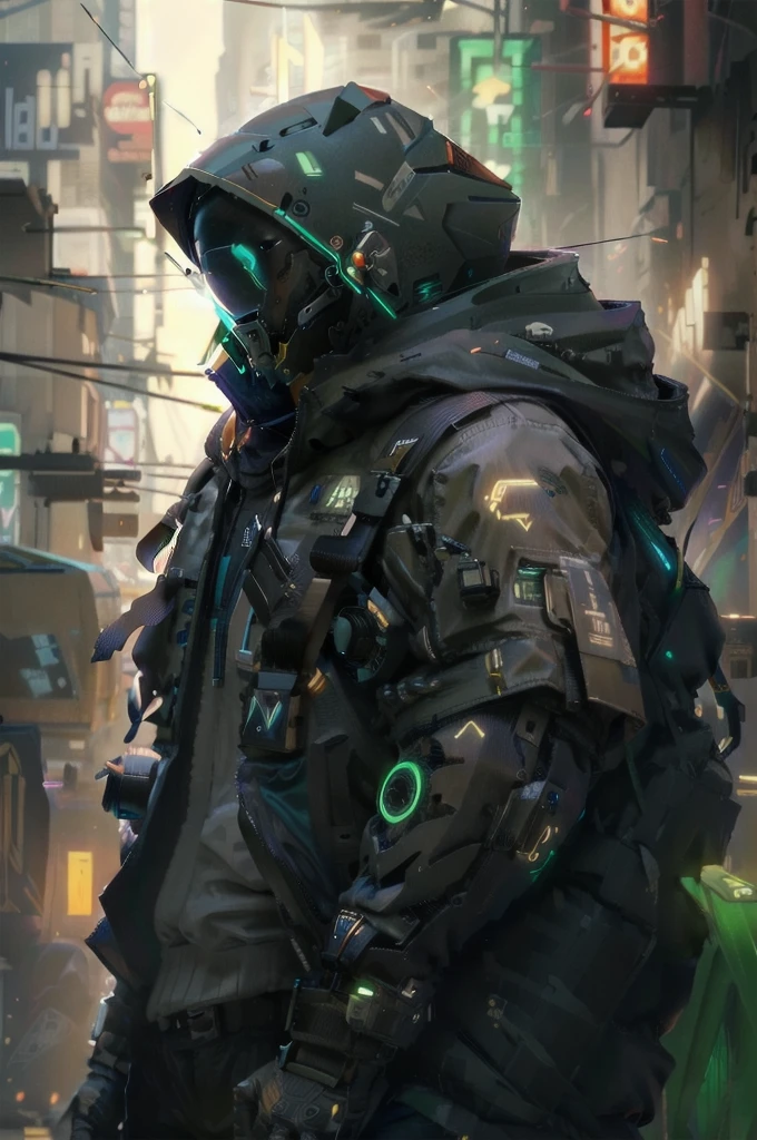 The markings on the jacket turn into neon blue triangles., adds a realistic daftpunk style cyber helmet but more rude and intimidating
