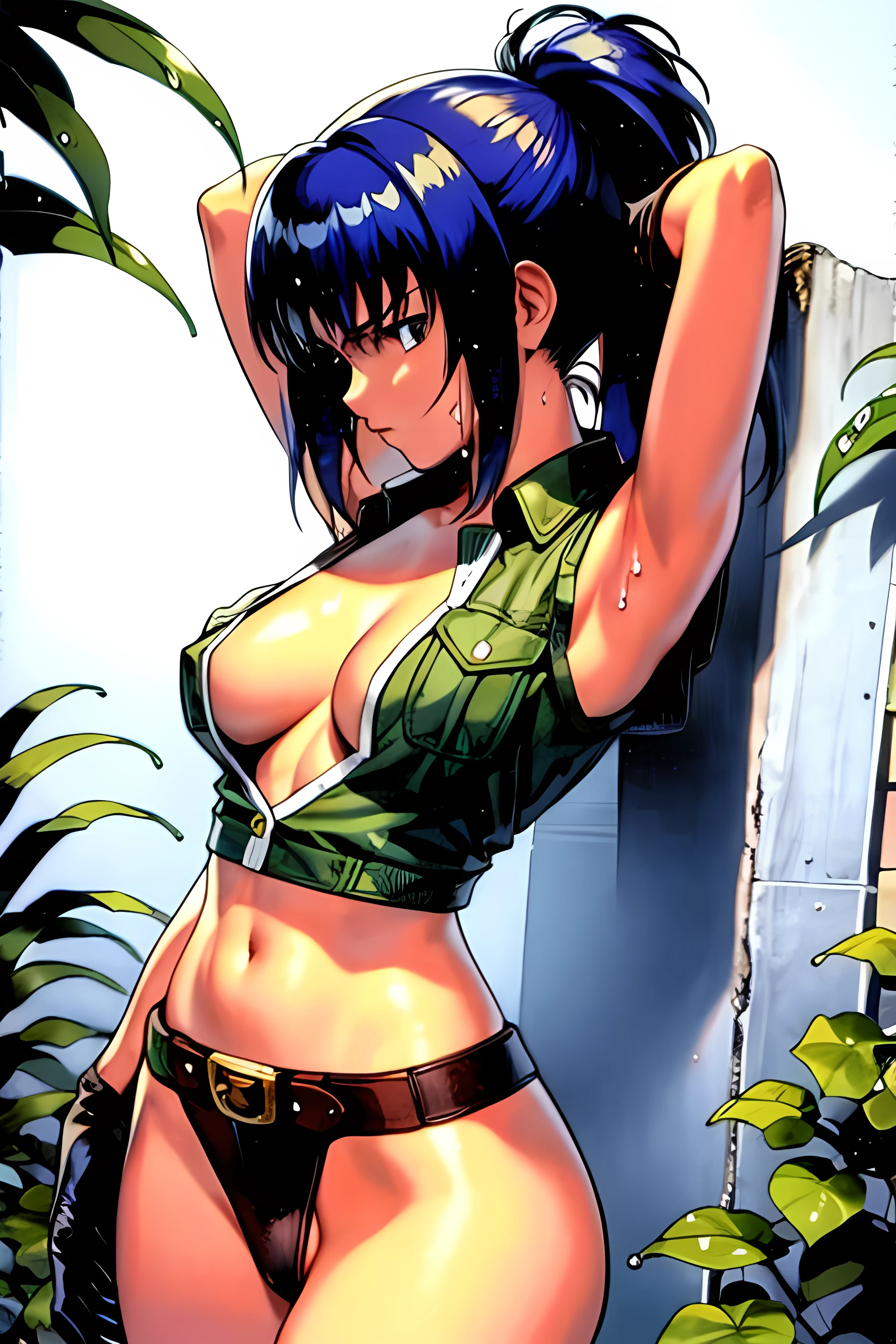 masterpiece, best quality, anime 1990s \(style\, leona heidern,  no bra, fully open vest, thong ,jungle, pony tail, wet, serious, gloves, , sleeveless, belt, touching hair.