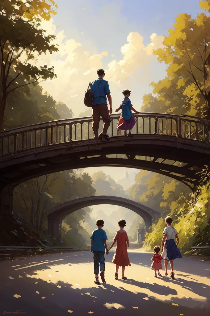 painting of a man and two children walking on a bridge, artwork in the style of guweiz, sergey kolesov, inspired by Jean Béraud, by Daniel Ljunggren, childrens art in artstation, norman rockwell ross tran, makoto sinkai, concept art | rhads, in style of atey ghailan, by Alexander Mann