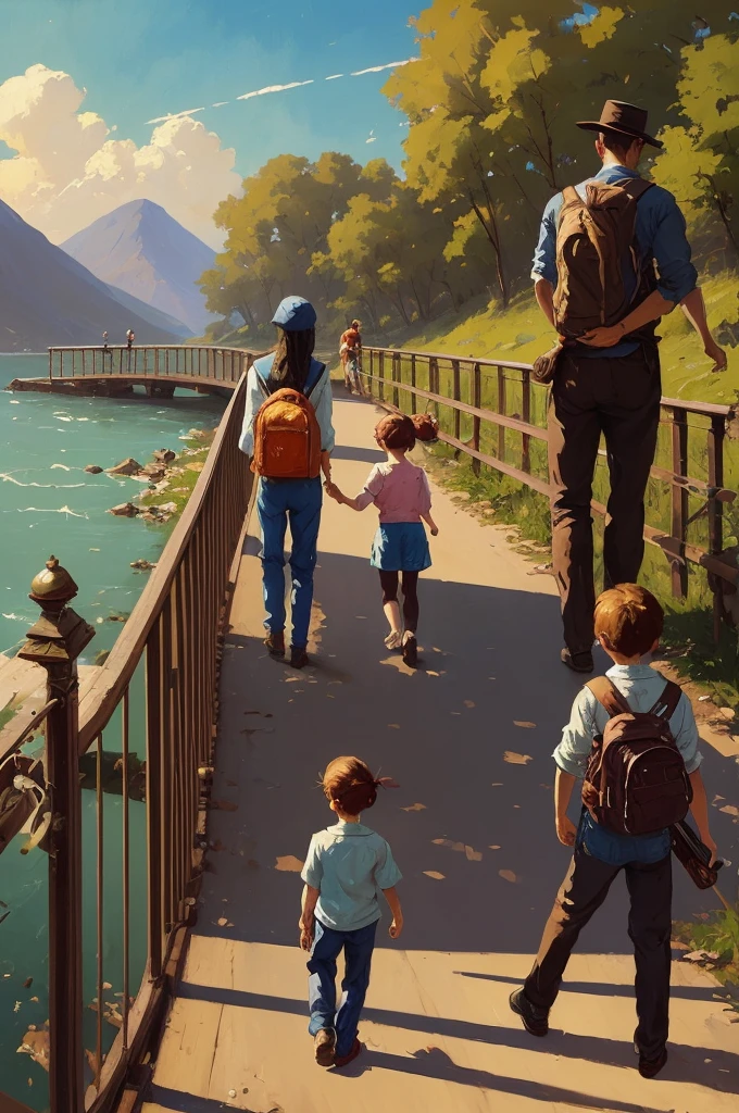 painting of a man and two children walking on a bridge, artwork in the style of guweiz, sergey kolesov, inspired by Jean Béraud, by Daniel Ljunggren, childrens art in artstation, norman rockwell ross tran, makoto sinkai, concept art | rhads, in style of atey ghailan, by Alexander Mann
