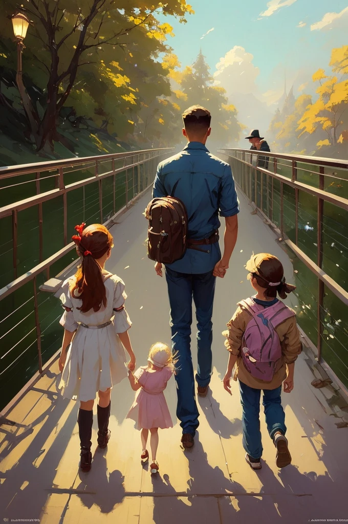 painting of a man and two children walking on a bridge, artwork in the style of guweiz, sergey kolesov, inspired by Jean Béraud, by Daniel Ljunggren, childrens art in artstation, norman rockwell ross tran, makoto sinkai, concept art | rhads, in style of atey ghailan, by Alexander Mann