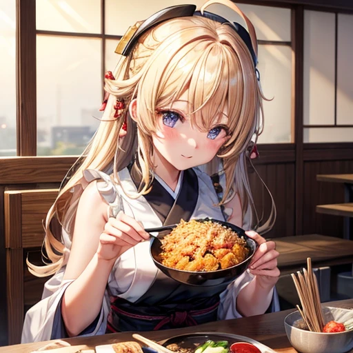 aether, 1girl, solo, girl focus, blonde hair, yellow eyes, hair between eyes, long hair, braid, ahoge, midriff, navel, sitting down, table, dinner, smiling, red light, soft light, from side, night, chinese market town