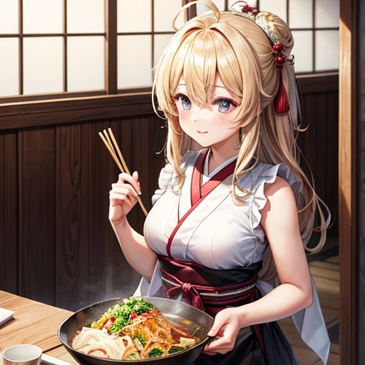 masterpiece, Highest quality, High resolution, 1girl 22 Ahoge Hair Accessory, Cooking katsudon in a sleeveless kimono Japanese cuisine restaurant