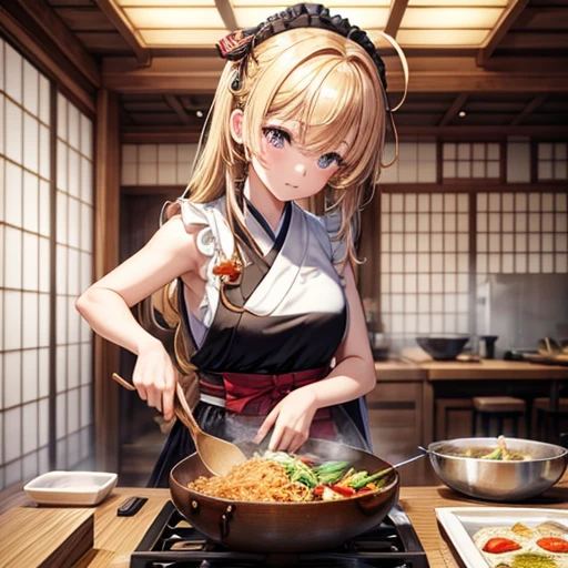 masterpiece, Highest quality, High resolution, 1girl 22 Ahoge Hair Accessory, Cooking katsudon in a sleeveless kimono Japanese cuisine restaurant