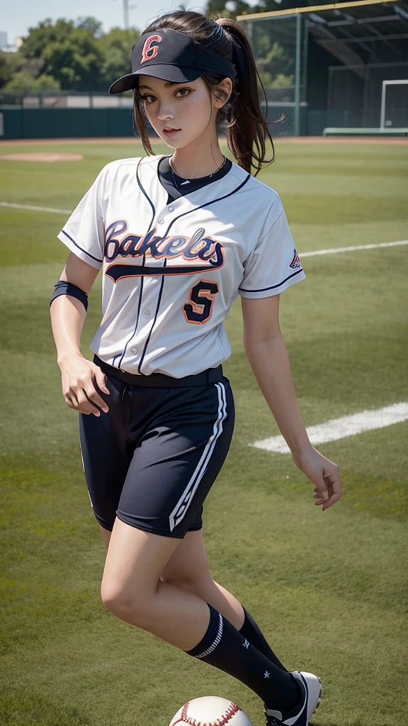 Girl , sexy, female baseball player, She's on the soccer field, she wears a baseball outfit, art photography, high level of detail