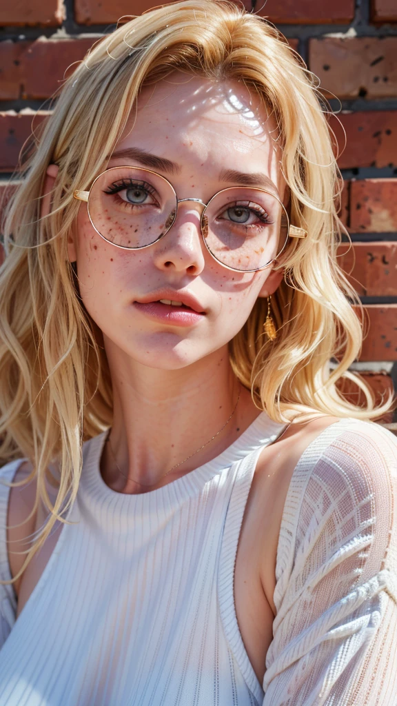 dynamic close-up of the upper part of 1 Russian woman, legitimate albino, extremely slim and beautiful, perfect body, (well-shaped and delicate face with (freckles)), skin with highly detailed depth, she is leaning against a brick wall, (hair Long, slightly messy and shiny wavy blonde hair, hair over the eyes), (detailed, large, bright eyes, light brown eyes, curled eyelashes, large glasses), (sensual pout with mouth), wearing a short sweater showing the shoulders, (she is sweaty (shining with sweat)), ultra realistic image, Perfect symmetry, vibrant and sharp, dynamic vision, high quality, hyper-realistic and cinematic 32k.