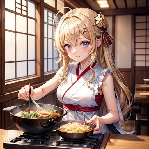 masterpiece, Highest quality, High resolution, 1girl 22 Ahoge Hair Accessory, Cooking katsudon in a sleeveless kimono Japanese cuisine restaurant
