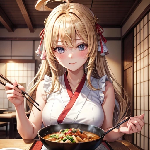 masterpiece, Highest quality, High resolution, 1girl 22 Ahoge Hair Accessory, Cooking katsudon in a sleeveless kimono　Japanese cuisine restaurant