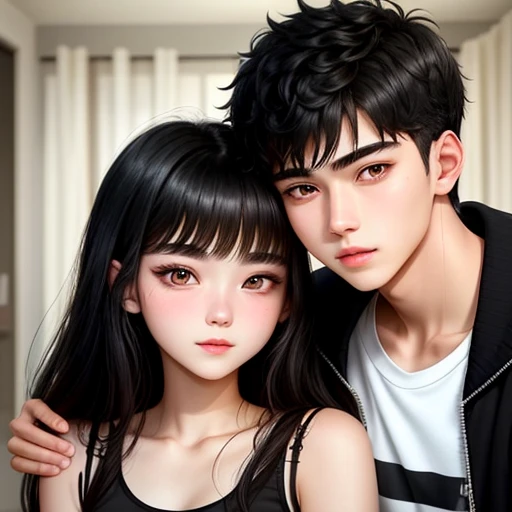 Broken-home-family
20-year-old boy and 18-year-old girl, Detailed face, Detailed eyes, double eyelid,, Handsome-cool-warm-boy with black hair and hot-seductive-sexy-cute-beautiful-girl with black hair and blushing face. Intimate vibes.