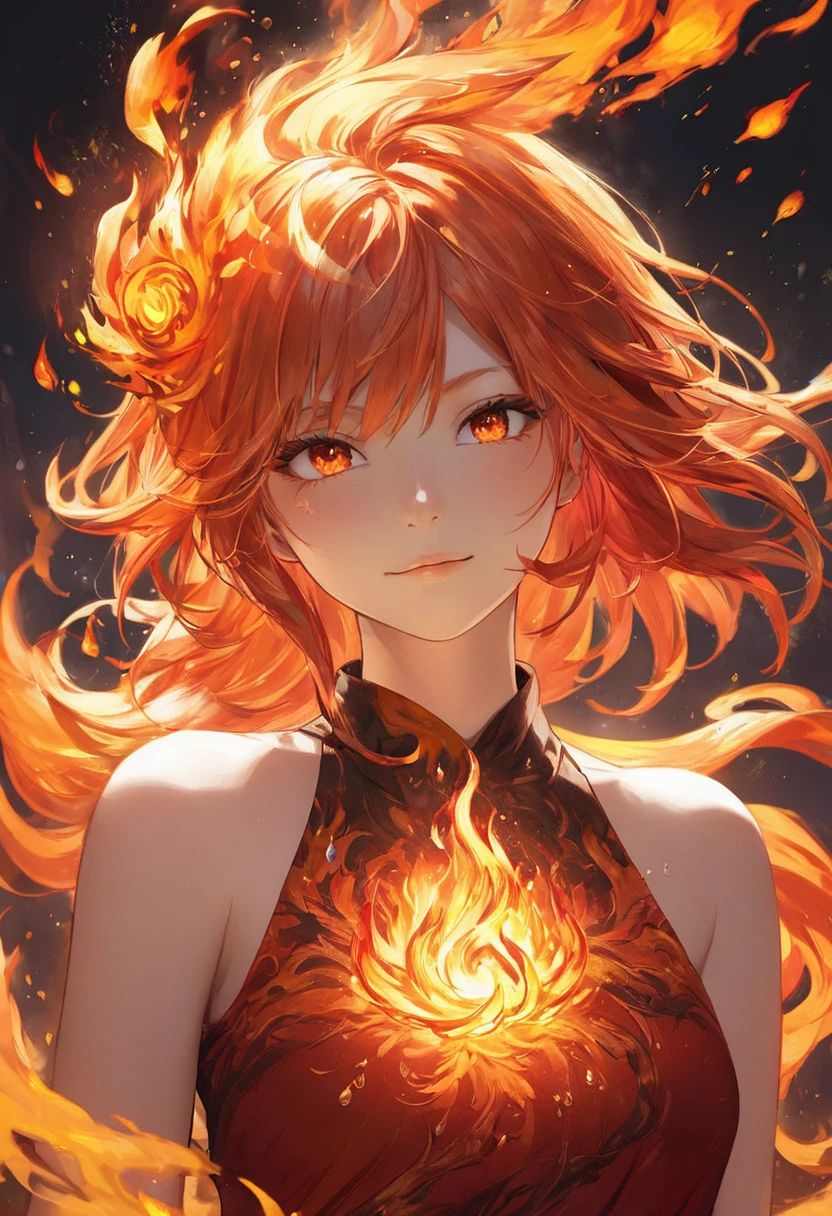 One girl, Female Fire Spirit, Fire-colored hair, Internal Fire, Put a few drops of sparks on your skin,