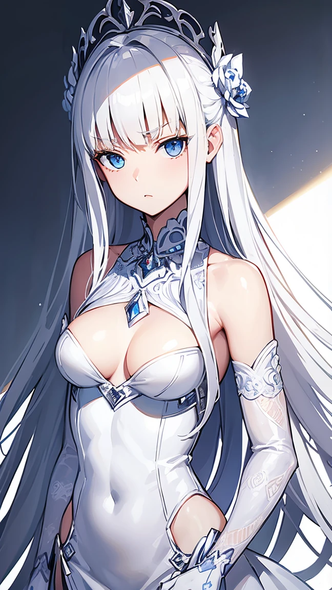 (masterpiece),((Highly detailed long silver hair)),((expressive blue eyes)),(Highly detailed white dress),deep cleavage,serious expression,extremely beautiful mature woman,milf,pale white skin,silver jewelry,best quality,cel shading,8K ,ultra HD,highly detaild face, highly detaild eyes,flat color,(close shot),high contrast,ufotable art style,contrapposto,white background