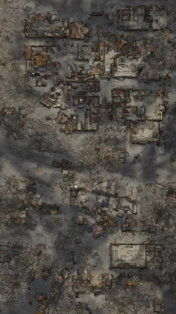 Topography and Terrain: Desolate Land: The map presents an arid and desolate landscape, with few green areas. the ground is dry and cracked, typical of a post-apocalyptic environment. Mountains and Hills: Gentle hills and some rugged mountains mark the horizon. The mountains are dark and rough, some with old abandoned mining tunnels. Sparse Vegetation Areas: Dead Forests: Small clusters of dead trees and dry bushes, giving a ghostly air to the landscape. Dry Lakes: Ancient lake beds now dry, with salty and cracked soil. Urban Infrastructure Buildings: Skyscraper ruins: Partially destroyed structures of old skyscrapers, with collapsed floors and broken windows. Sheet Metal Houses: Housing made from recycled metal sheets, assembled in an improvised way and spread throughout the city. Transport Routes: Degraded Roads: Old asphalt roads, now potholed and covered in undergrowth. Collapsed Bridges: Remains of bridges that crossed rivers and valleys, now in ruins and partially collapsed. Activity Centers Scrap Markets: Outdoor Markets: Open areas where residents exchange recycled items and mechanical parts, with tents made of worn canvas. Trade stalls: Small kiosks built with recycled materials, selling everything from canned food to improvised weapons. residential areas: Clusters of Shacks: Sets of small improvised houses made of metal and wood, organized in a chaotic manner. Underground shelters: Entrances to bunkers and underground shelters, where some residents still live to protect themselves from the elements and radiation. Technology and Innovation Improvised Research Centers: Recycling Laboratories: Small labs where scientists and engineers work with old technology, trying to create new inventions from scrap. Repair Offices: Workshops spread across the city, where mechanic