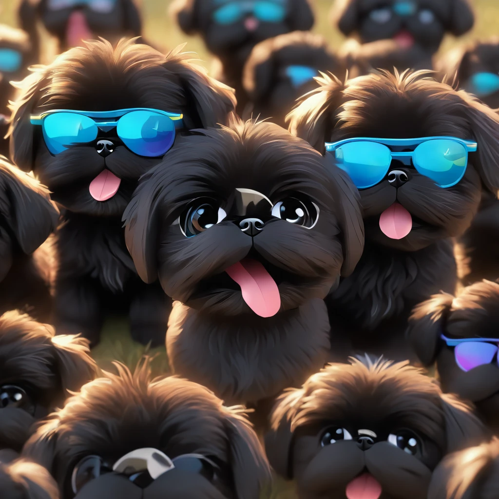 2 Adorable small happy black Shih Tzu puppies wearing sunglasses Pixar 3D cartoon