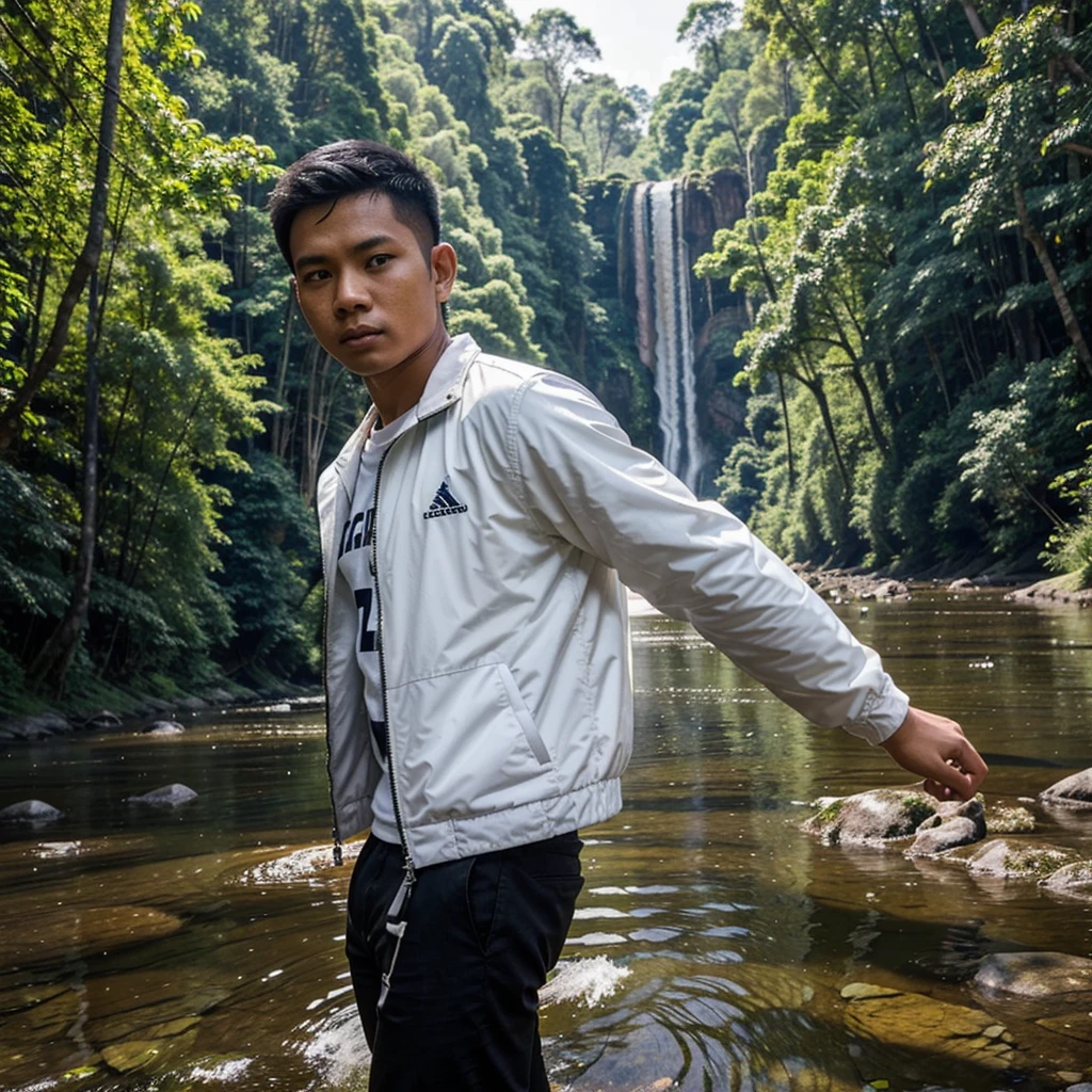 Indonesian man boys. Age around 22 years. There is only one person in the photo. wearing a white jacket. The whole body is depicted facing forward. The background is a river in the forest.