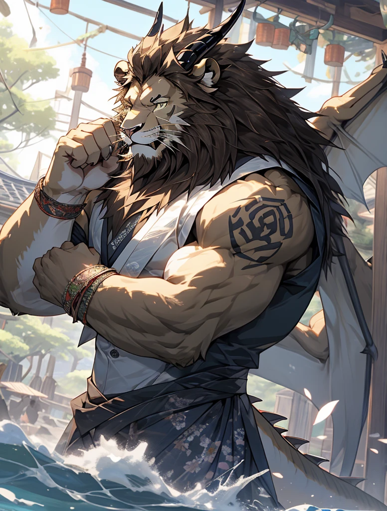 Duet, 2 boys, anthropology, Beast field, Shining eyes, Handsome face, whole body, pectoralis major, finely detailed paws with five fingers, detailed face, detailed fur, detailed mane , detailed eyes, Green eyes,Black iris, White sclera, (detailed hands), detailed fingers, muscular, hairy, ((Lion cub trapped in sushi,Eaten by a dragon)), anger, Sexy , finely detailed clothes, Traditional Japanese Kimono, background: Traditional Japanese tavern interior, detailed background, Ambient Lighting, Medium shot, Low angle view, screenshot, detailed, Surreal, high quality, extremely detailed CG unity, sharp, Exposure Blending, best quality, 4K, masterpiece, Stunning details, Shallow depth of field, (masterpiece, best quality, clear image quality, high resolution,4KImage Quality)