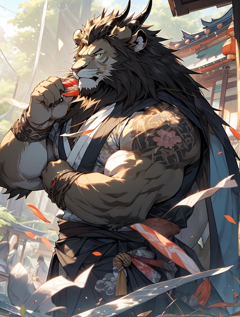 Duet, 2 boys, anthropology, Beast field, Shining eyes, Handsome face, whole body, pectoralis major, finely detailed paws with five fingers, detailed face, detailed fur, detailed mane , detailed eyes, Green eyes,Black iris, White sclera, (detailed hands), detailed fingers, muscular, hairy, ((Lion cub trapped in sushi,Eaten by a dragon)), anger, Sexy , finely detailed clothes, Traditional Japanese Kimono, background: Traditional Japanese tavern interior, detailed background, Ambient Lighting, Medium shot, Low angle view, screenshot, detailed, Surreal, high quality, extremely detailed CG unity, sharp, Exposure Blending, best quality, 4K, masterpiece, Stunning details, Shallow depth of field, (masterpiece, best quality, clear image quality, high resolution,4KImage Quality)