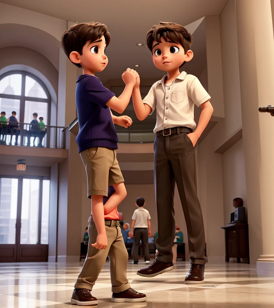 Two young boys fight in lobby