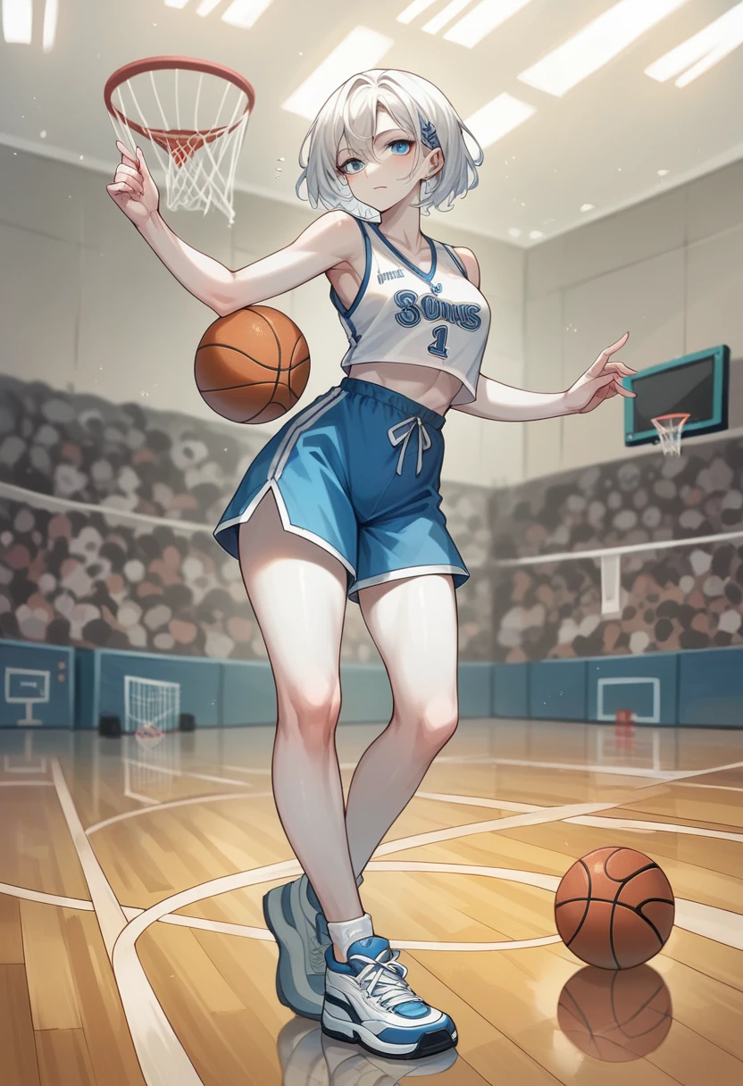 27 year old woman white hair blue eyes and white skin playing basketball full body