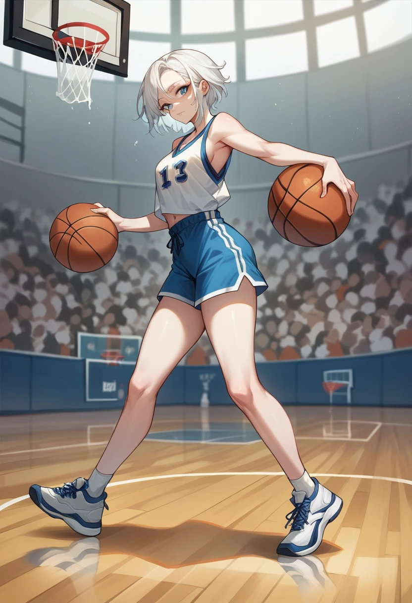 27 year old woman white hair blue eyes and white skin playing basketball full body
