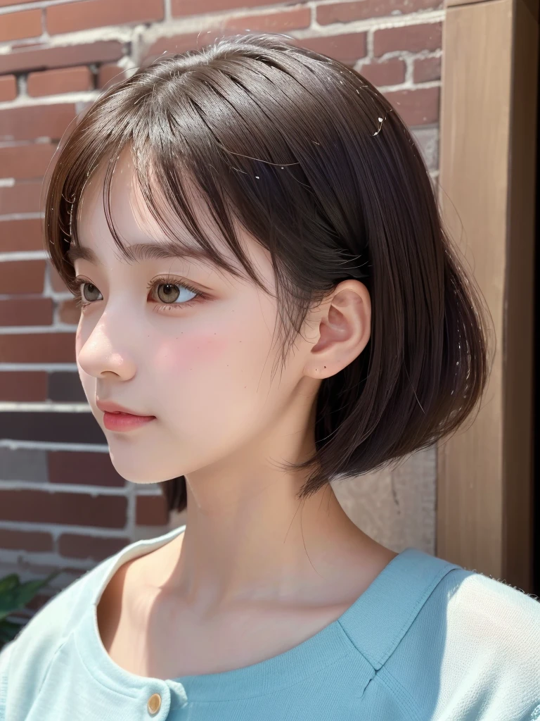 One Girl，(1人のとてもcute女の子:1.3)，masterpiece，Highest quality，High resolution，From below，Low - Angle，Photorealistic，RAW Photos，Ray Tracing，beautiful girl，(:1.3)，cute，Big eyes，(detailed pupils:1.2)，(Face turned to the side:1.3)，Round Nose，Beautiful nose，Upturned nose，Fuller lips，Short black hair，ponytail，short hair，Detailed eyelashes，Thin eyebrows，Very fine grain definition，(profile:1.3)，(Face close-up，Face Focus:1.0)，Small breasts，Short neck，，Red and white brick building，Western-style building，poplar tree，Portrait，Look to the side，Upper Body，Cinema Lighting，High resolution，Very detailed