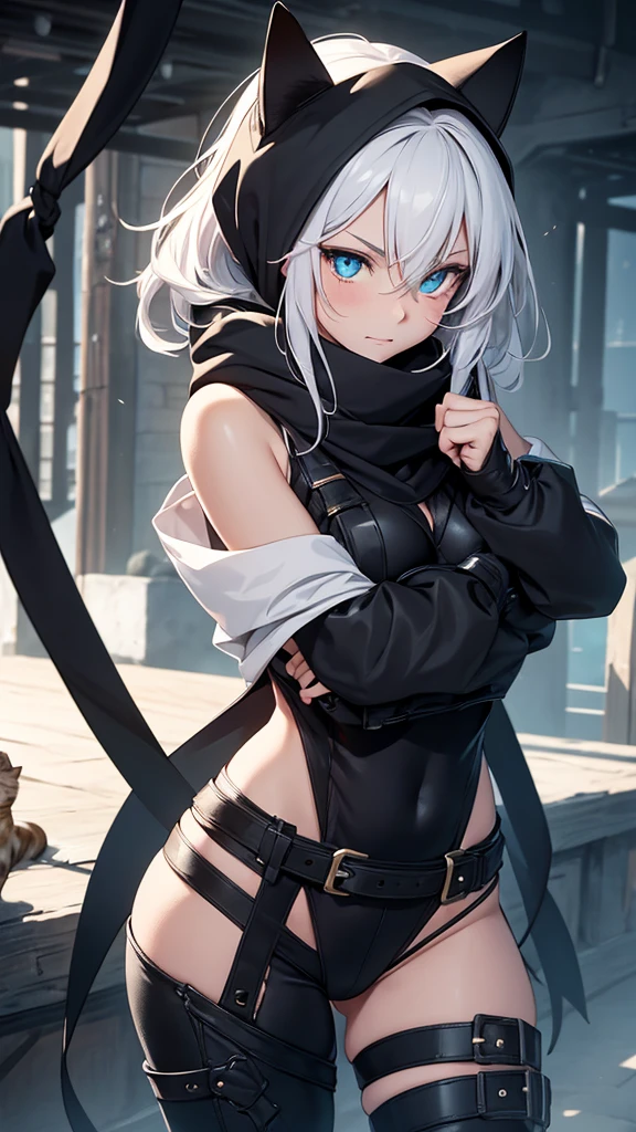 work of art, best qualityer, high resolution, 1 girl, synonym 1, scarf, short hair, mitts, ninja mask, long sleeves, leather pants, White hair, Cat's ears, cat tail, roupas de rogue, leather pants, holding, holding faca, heterochromia, yellow eye, blue eye, 14 eyes old, hooded cloak, rogue rpg, rpg, ninja, ruins, medioval