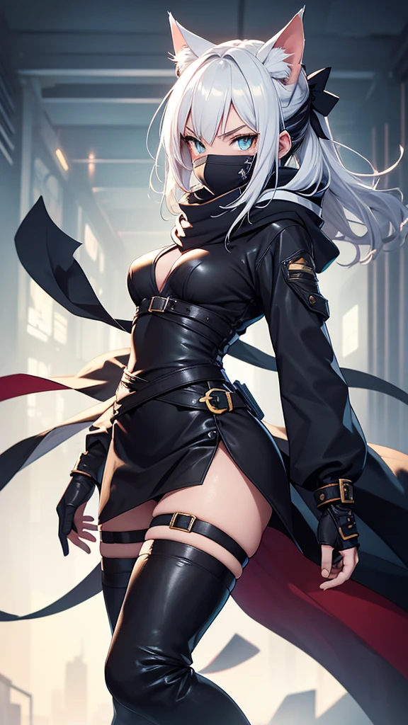 work of art, best qualityer, high resolution, 1 girl, synonym 1, scarf, mitts, ninja mask, long sleeves, leather pants, White hair, Cat's ears, cat tail, roupas de rogue, thigh strap, holding, holding faca, ruins, heterochromia, yellow eye, blue eye, hooded cloak, rogue, ninja,