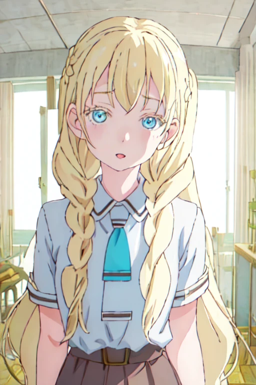 best quality, masterpiece, highres, solo, {olivia_asobiasobase:1.15}, blonde_hair, long_hair, blue_eyes, necktie, indoors