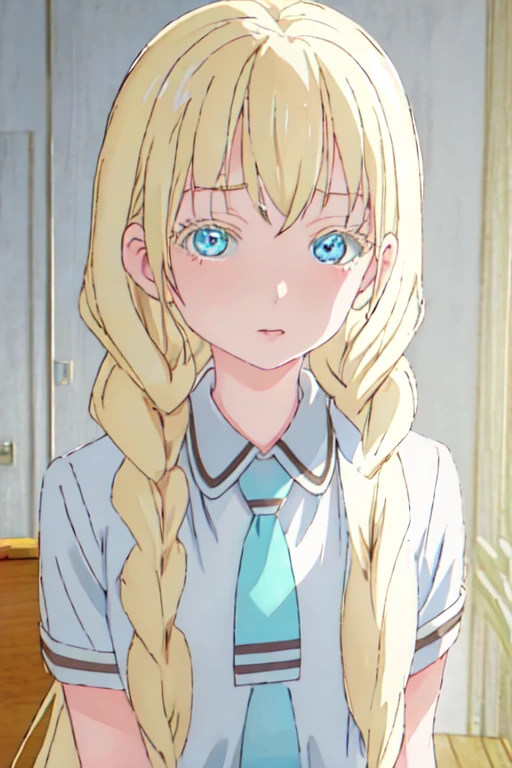 best quality, masterpiece, highres, solo, {olivia_asobiasobase:1.15}, blonde_hair, long_hair, blue_eyes, necktie, indoors