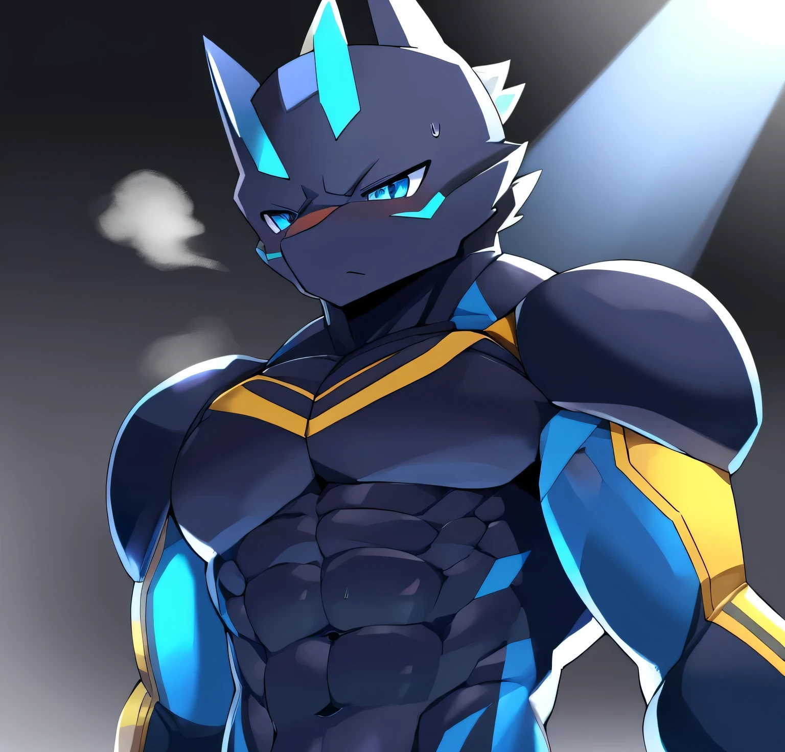 Thin macho　western black dragon　　abs　　　　　Hollow abs　　body suit　　thick arms　　　chest rig　　　、sweaty　　　skin glow　　profile　　Wearily　short of breath　　  　Chemo shota　　
have a 　blue eyes　Tired look 　ラバースーツ