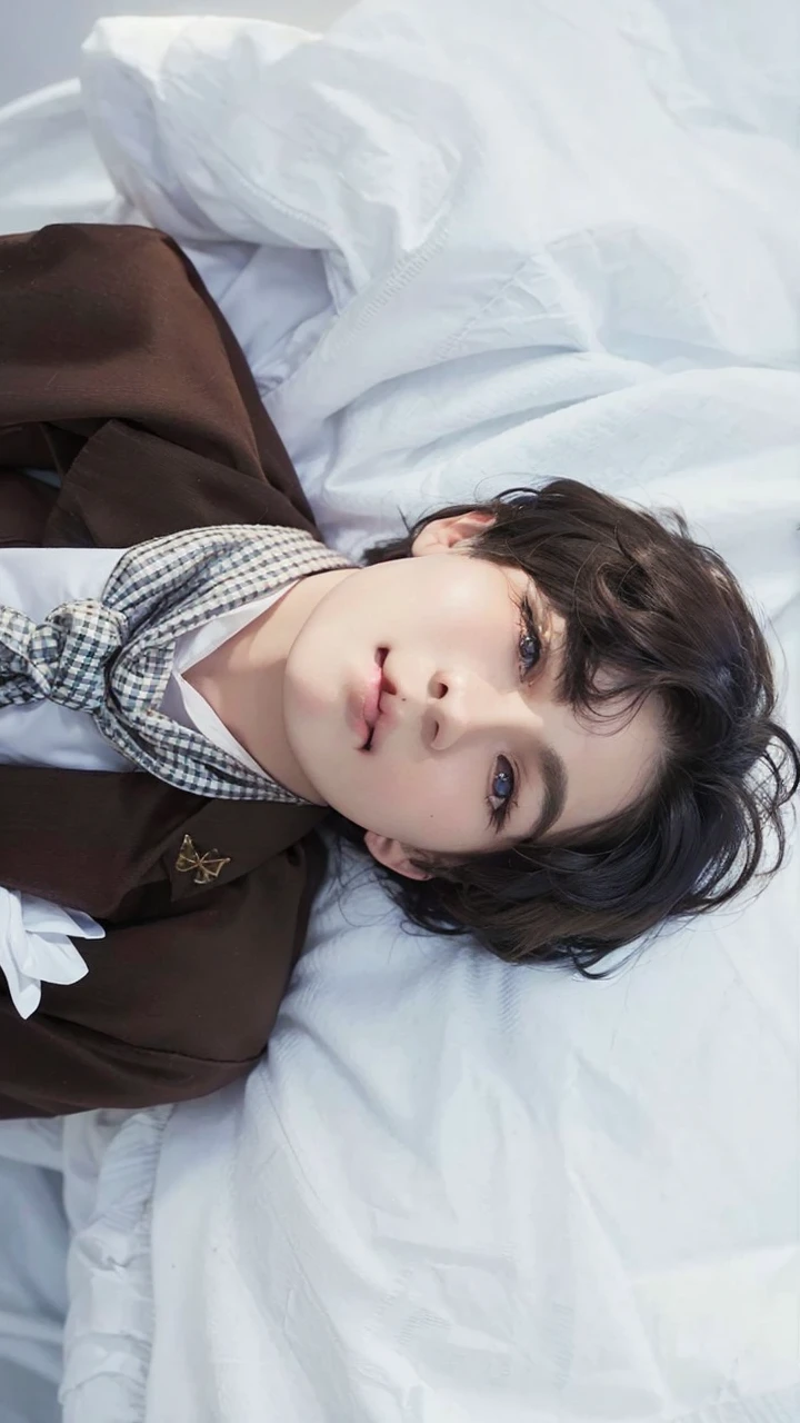 Young man, V of BTS, short and blonde hair, pink eyes, soft face, big lips, male femboy body, pink clothes, flat chest