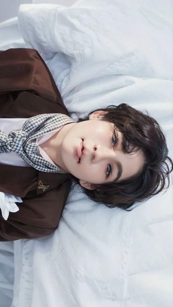 Young man, V of BTS, short and blonde hair, pink eyes, soft face, big lips, male femboy body, pink clothes, flat chest