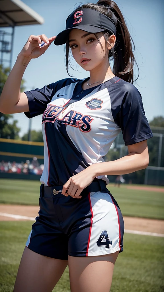Girl , (sexy) , female baseball player, She's on the soccer field, she wears a baseball outfit, art photography, high level of detail
