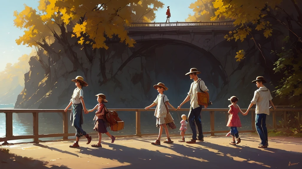 painting of a man and two children walking on a bridge, artwork in the style of guweiz, sergey kolesov, inspired by Jean Béraud, by Daniel Ljunggren, childrens art in artstation, norman rockwell ross tran, makoto sinkai, concept art | rhads, in style of atey ghailan, by Alexander Mann