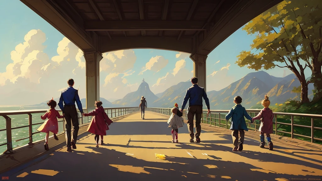 painting of a man and two children walking on a bridge, artwork in the style of guweiz, sergey kolesov, inspired by Jean Béraud, by Daniel Ljunggren, childrens art in artstation, norman rockwell ross tran, makoto sinkai, concept art | rhads, in style of atey ghailan, by Alexander Mann