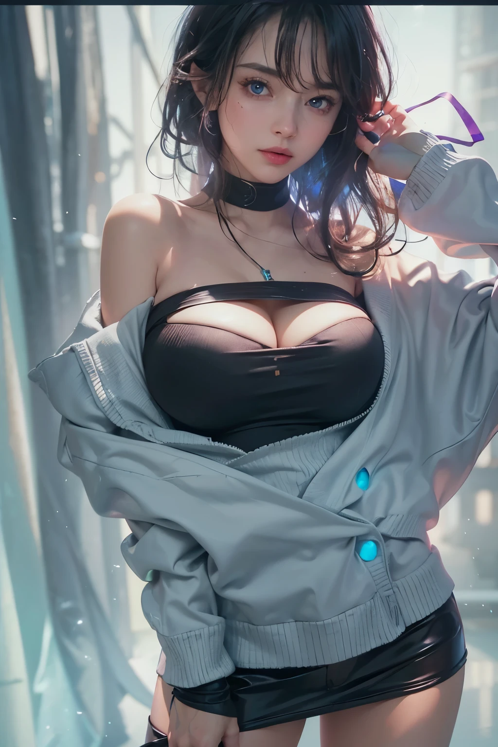 Ultra-high resolution,Tabletop,Highest quality, ,Perfect Glowing Skin,Perfect lighting,Detailed lighting,Dramatic Shadows,Ray Tracing, One Girl,Upper Body,wet black virgin sweater, View your viewers, Off the shoulder, Big Breasts, Exposed cleavage, blue eyes, Sharp Face, Sharp eyes, cyber punk