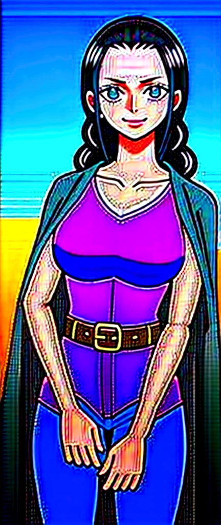 Nico robin, 1girl, solo, looking at viewer, cowboy shot, smiling, black hair, open hair, braided hair, pirate, blue cerulean eyes, one piece nico robin, blue full jeans, purple shirt, black open coat, sea background, golden belt, purple dress 