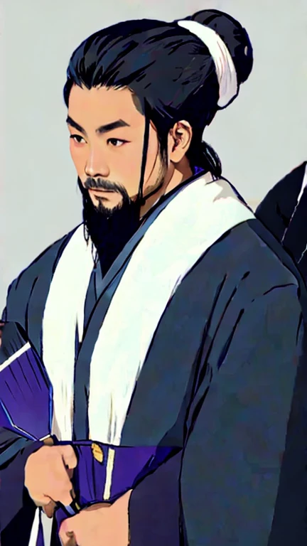 Oriental、Man in simple ancient Chinese costume、ancient chinese hairstyle male、Highest quality、masterpiece、Ultra-high resolution、(Realistic:1.4)、Game Poster、Crisp and beautiful image quality,Embroidered cloth wrapped around a topknot、Feather fan、Black clothes、