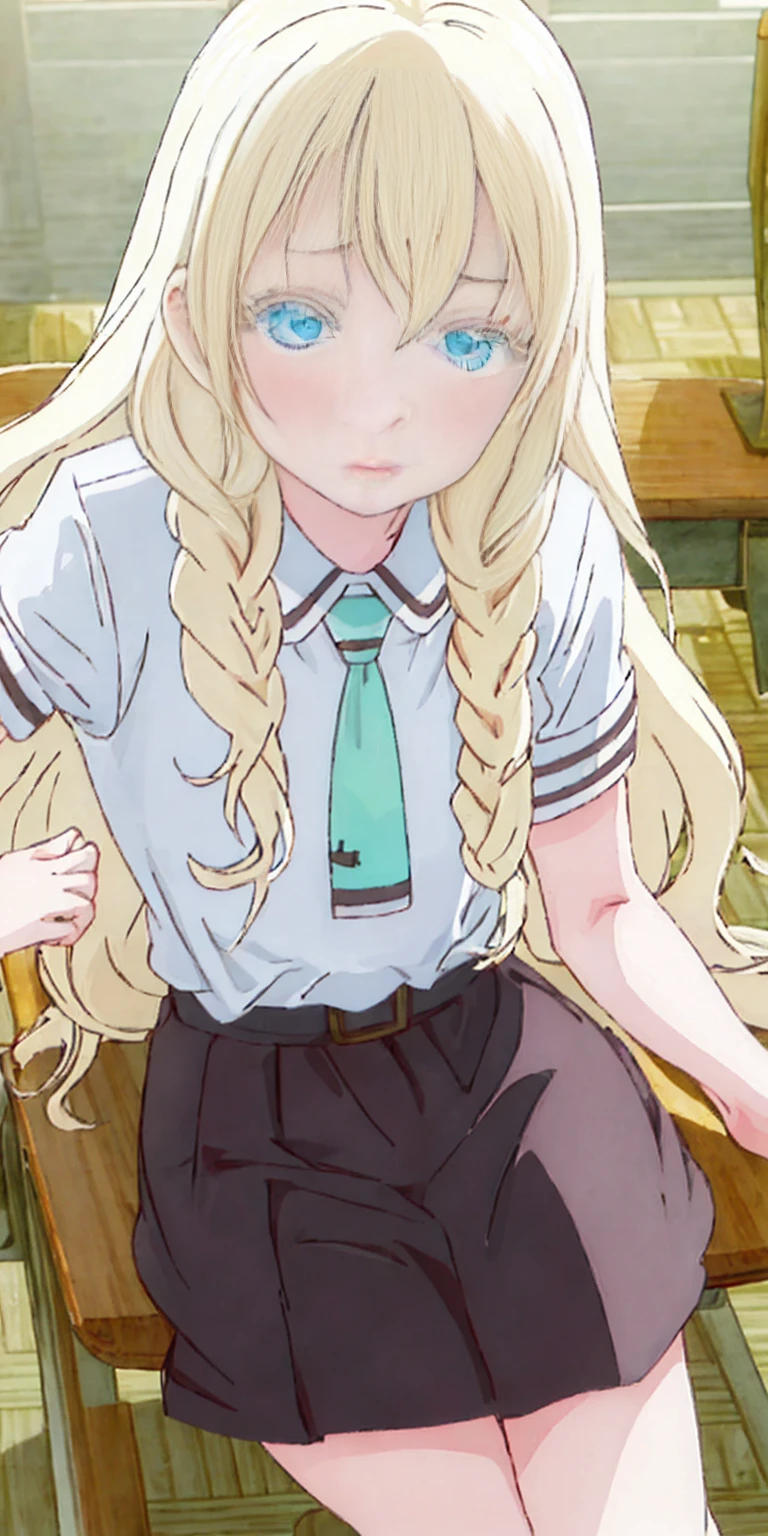 best quality, masterpiece, highres, solo, {olivia_asobiasobase:1.15}, blonde_hair, long_hair, blue_eyes, necktie, indoors