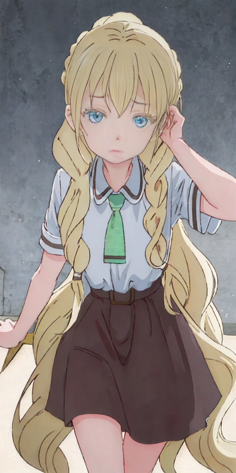 best quality, masterpiece, highres, solo, {olivia_asobiasobase:1.15}, blonde_hair, long_hair, blue_eyes, necktie, indoors